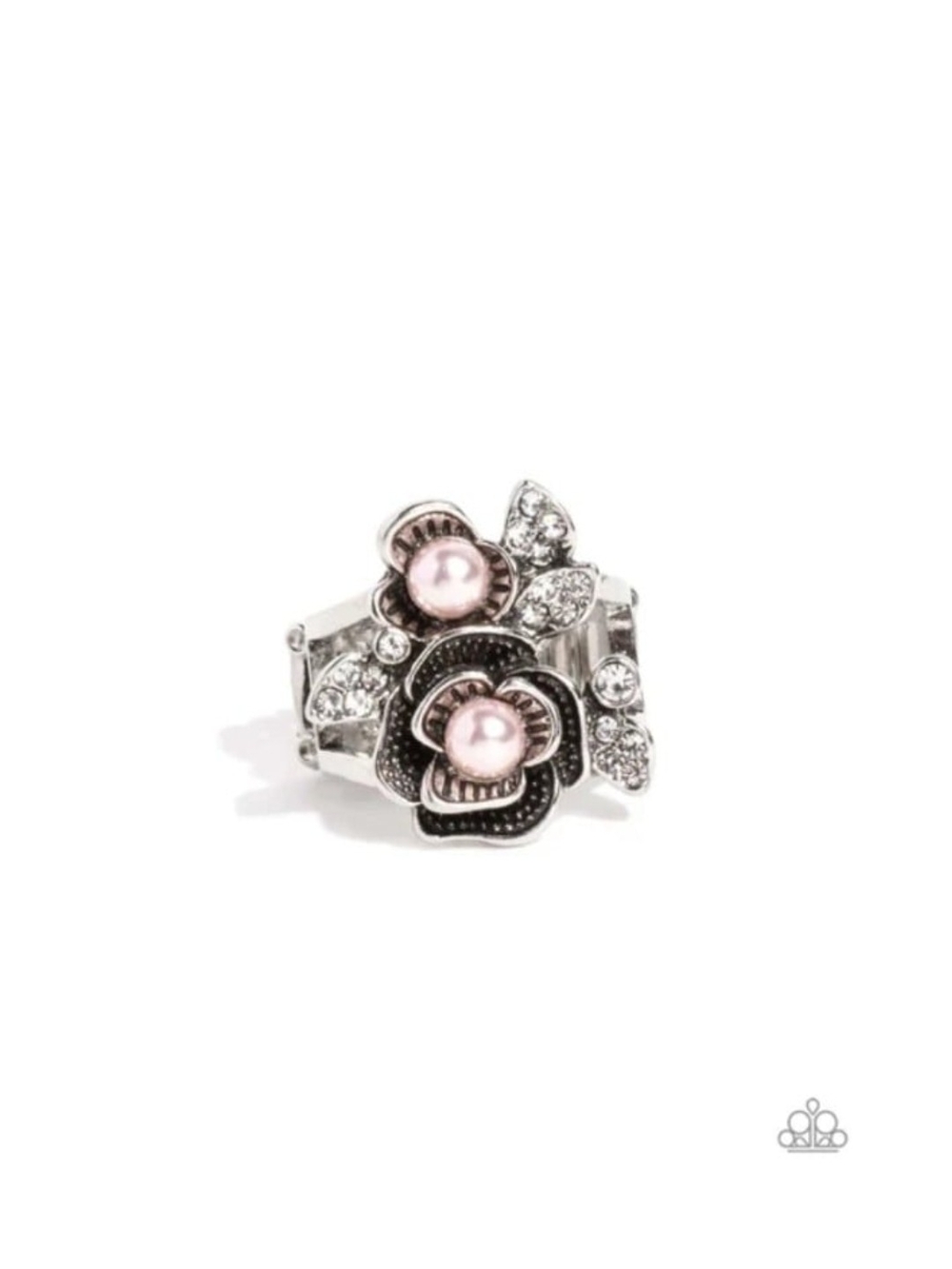 Fine Blooming Paparazzi Silver Floral Pink Pearl & Crystal Cocktail Ring